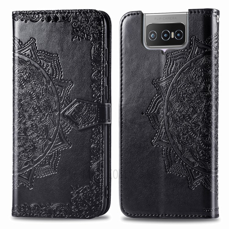 Embossed Mandala Flower Wallet Leather Shell for Asus Zenfone 7 ZS670KS - Black-2