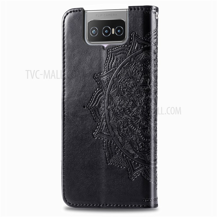 Embossed Mandala Flower Wallet Leather Shell for Asus Zenfone 7 ZS670KS - Black-4