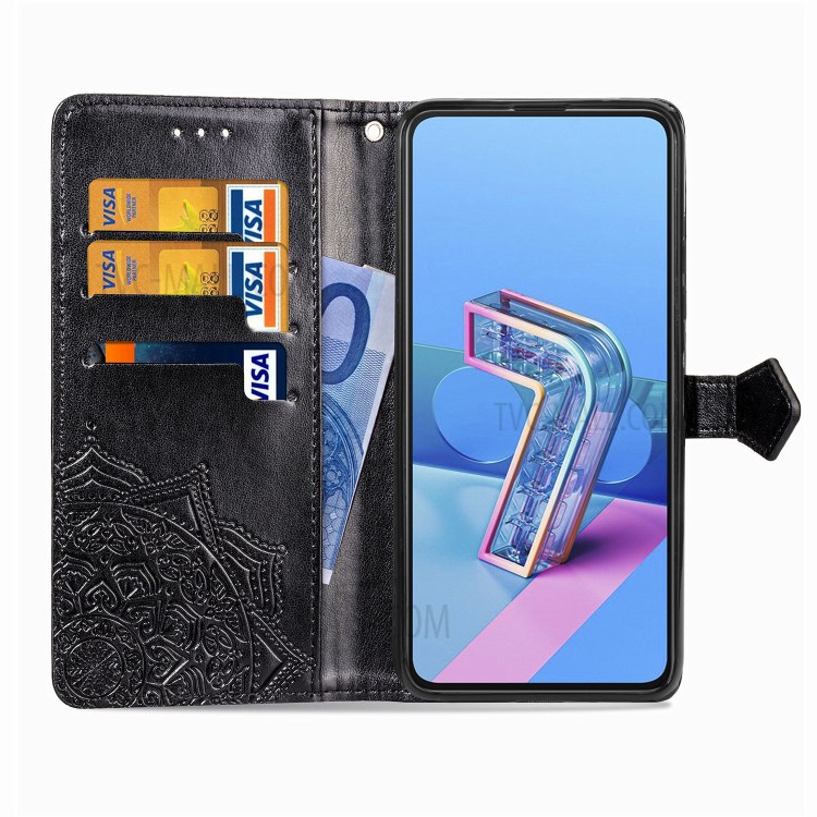 Embossed Mandala Flower Wallet Leather Shell for Asus Zenfone 7 ZS670KS - Black-5