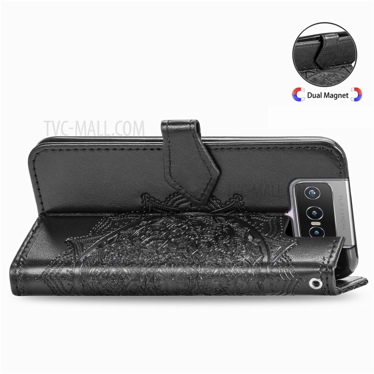 Embossed Mandala Flower Wallet Leather Shell for Asus Zenfone 7 ZS670KS - Black-7