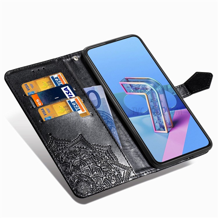Embossed Mandala Flower Wallet Leather Shell for Asus Zenfone 7 ZS670KS - Black-8