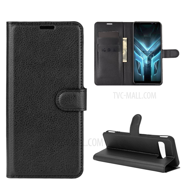 Litchi Texture Leather Wallet Phone Protective Case for Asus ROG Phone 3 ZS661KS - Black-1