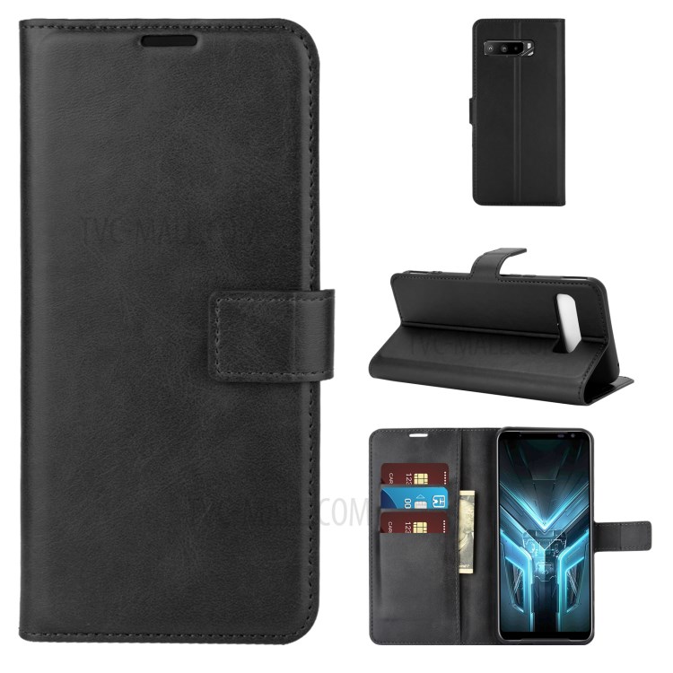 Square-Buckle Leather Phone Protective Shell with Wallet for Asus ROG Phone 3 ZS661KS - Black-1