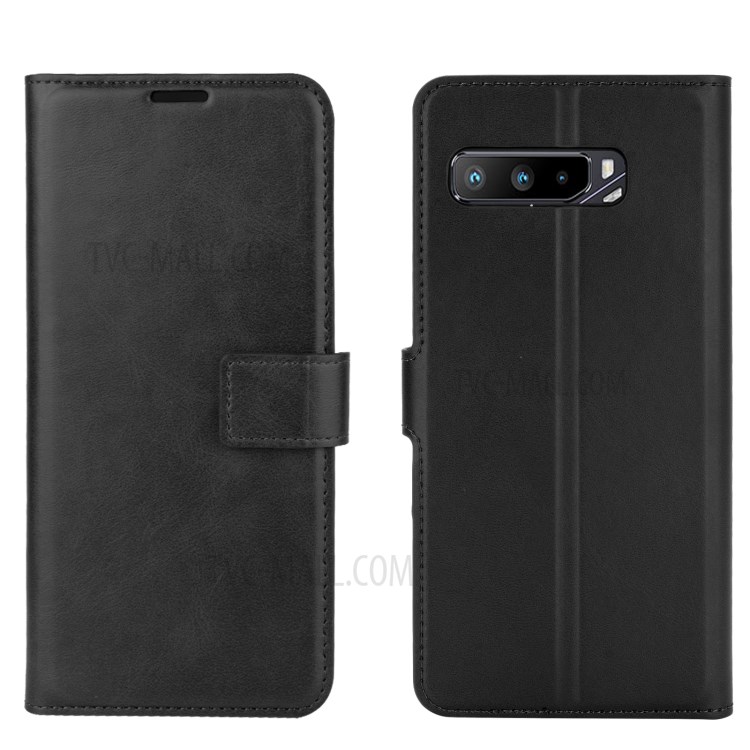 Square-Buckle Leather Phone Protective Shell with Wallet for Asus ROG Phone 3 ZS661KS - Black-11