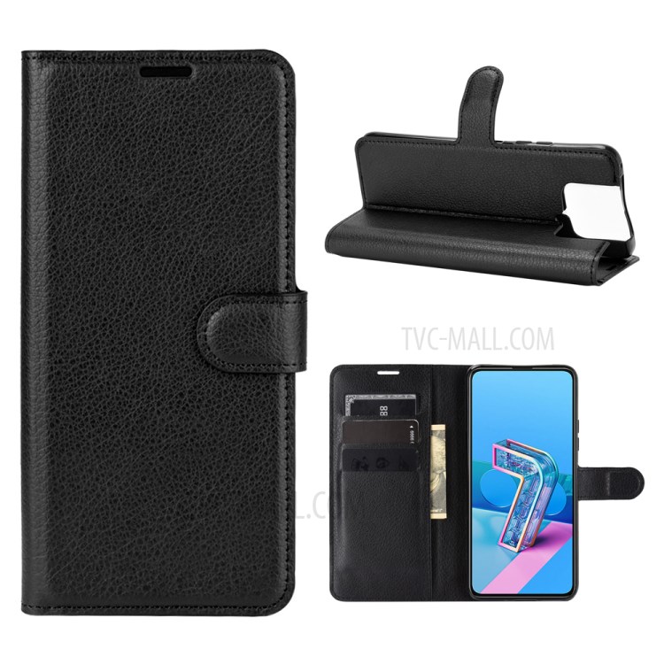 Litchi Texture Wallet Stand Leather Protector Cover for Asus Zenfone 7 ZS670KS - Black-1