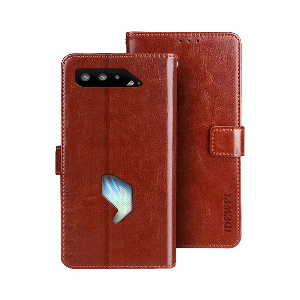 IDEWEI Folio Flip Crazy Horse Texture Leather Mobile Casing with Wallet Stand for Asus ROG Phone 5 - Brown-1