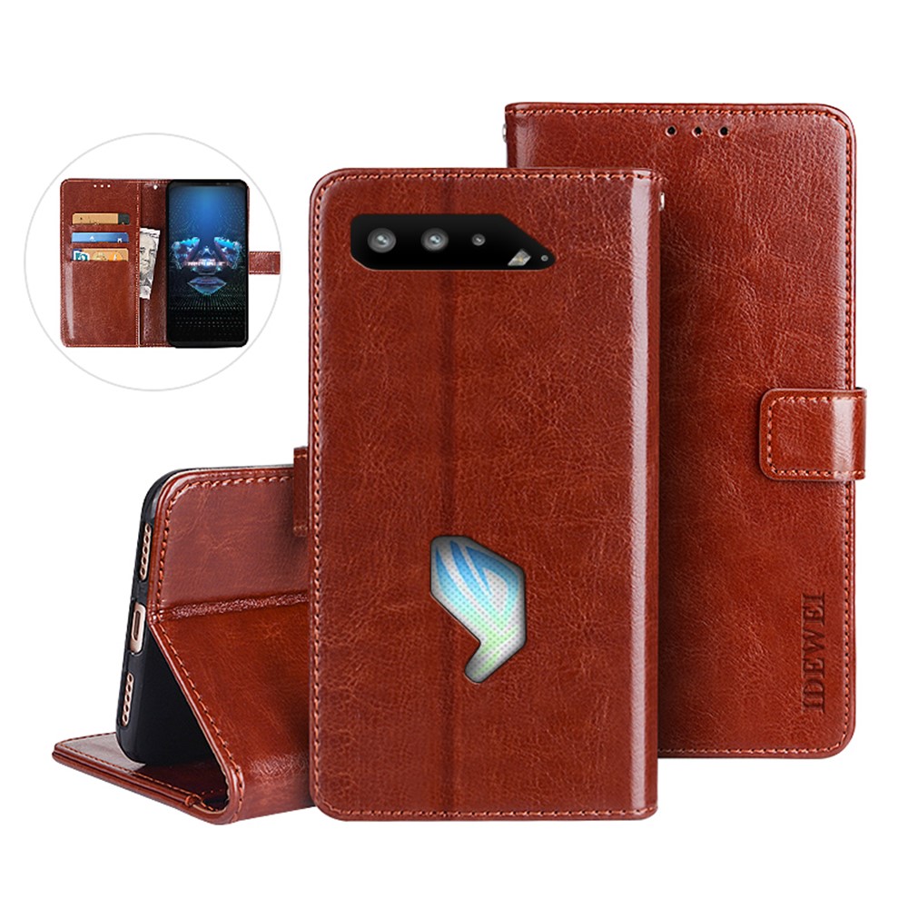 IDEWEI Folio Flip Crazy Horse Texture Leather Mobile Casing with Wallet Stand for Asus ROG Phone 5 - Brown-3