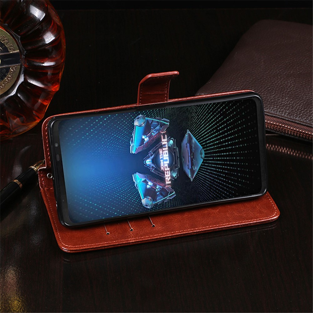 IDEWEI Folio Flip Crazy Horse Texture Leather Mobile Casing with Wallet Stand for Asus ROG Phone 5 - Brown-5