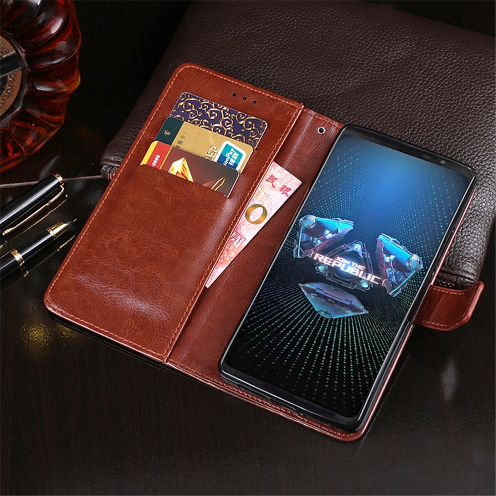 IDEWEI Folio Flip Crazy Horse Texture Leather Mobile Casing with Wallet Stand for Asus ROG Phone 5 - Brown-6