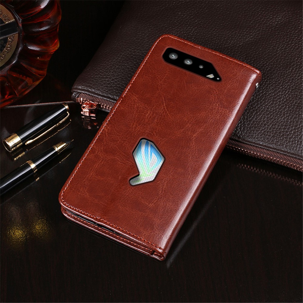 IDEWEI Folio Flip Crazy Horse Texture Leather Mobile Casing with Wallet Stand for Asus ROG Phone 5 - Brown-7