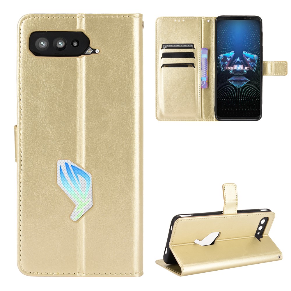 Crazy Horse Wallet Stand Leather Case with Strap for Asus ROG Phone 5 - Gold-9