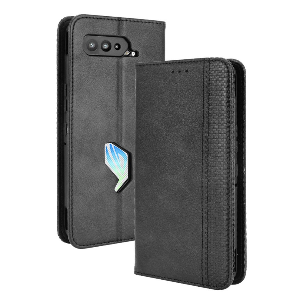 Magnetic Closure Vintage Style Phone Case Wallet Stand Leather Cover for Asus ROG Phone 5 - Black-1
