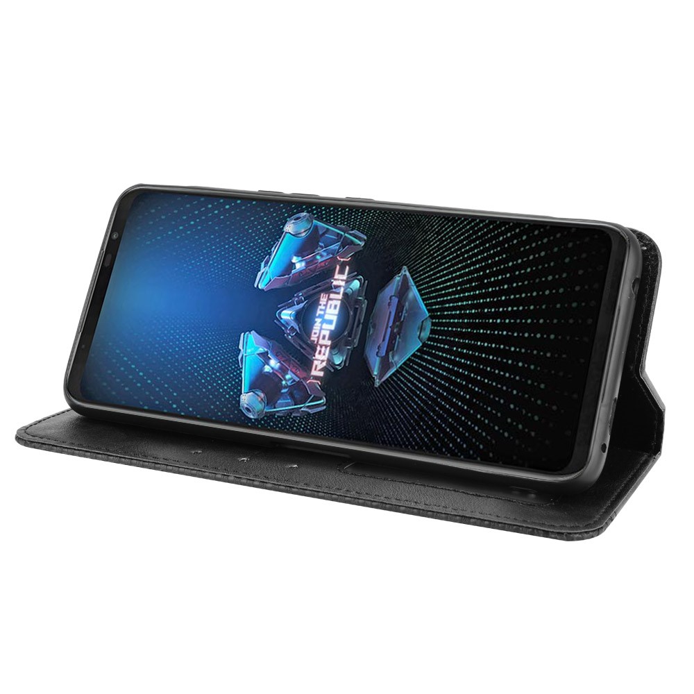 Magnetischer Verschluss Vintage Stil Telefon Fall Brieftasche Stand Lederabdeckung Für Asus Rog Telefon 5 - Schwarz-4