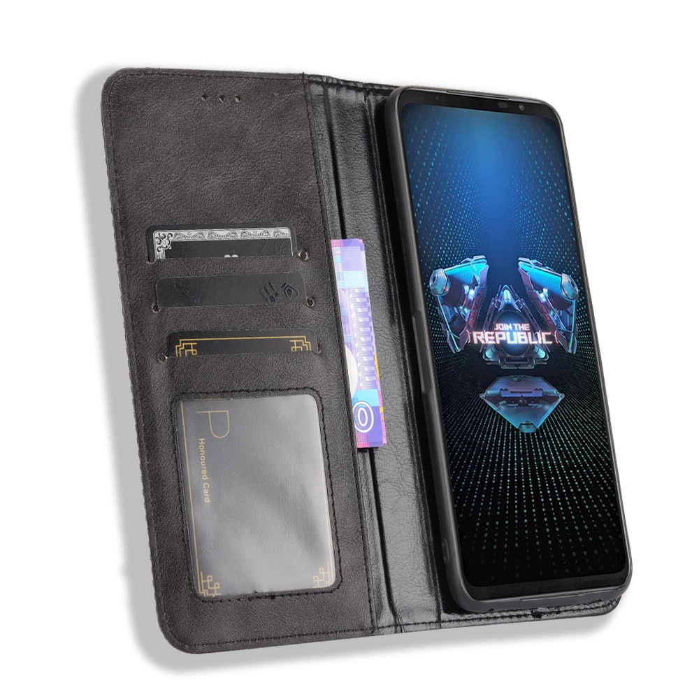 Magnetic Closure Vintage Style Phone Case Wallet Stand Leather Cover for Asus ROG Phone 5 - Black-5