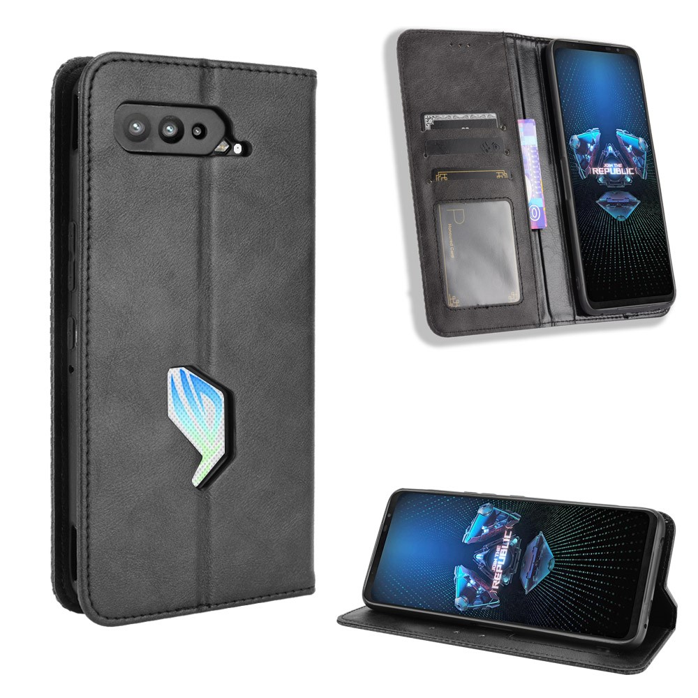 Magnetic Closure Vintage Style Phone Case Wallet Stand Leather Cover for Asus ROG Phone 5 - Black-8