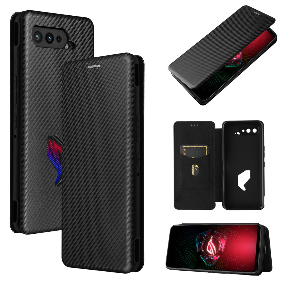 Carbon Fiber Texture Cell Phone Stand Cover for Asus ROG Phone 5 Auto-absorbed Leather Case - Black-13