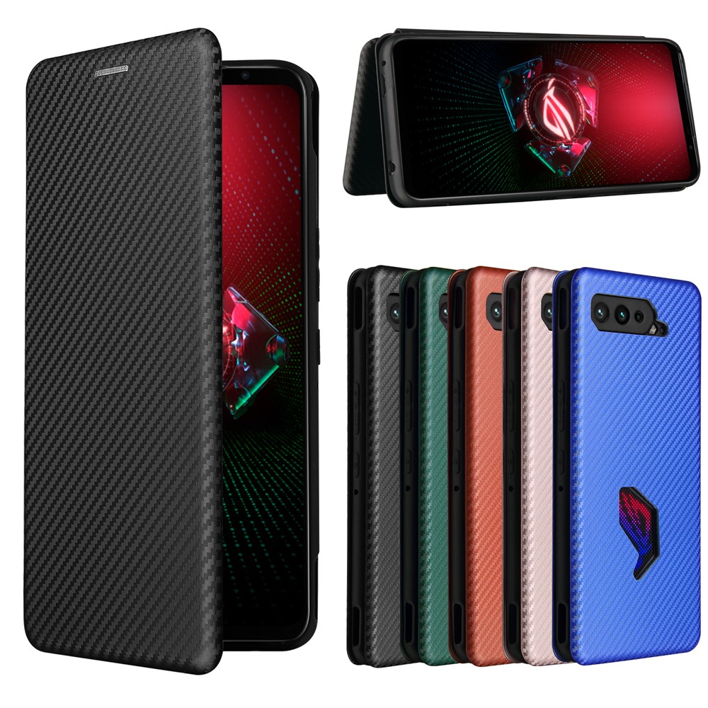 Carbon Fiber Texture Cell Phone Stand Cover for Asus ROG Phone 5 Auto-absorbed Leather Case - Black-14
