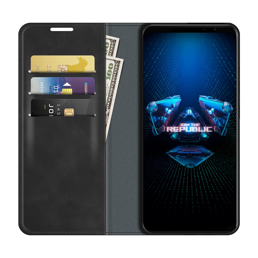Skin-Touch Auto-absorbed Wallet Cover Leather Stand Shell for Asus ROG Phone 5 - Black-3