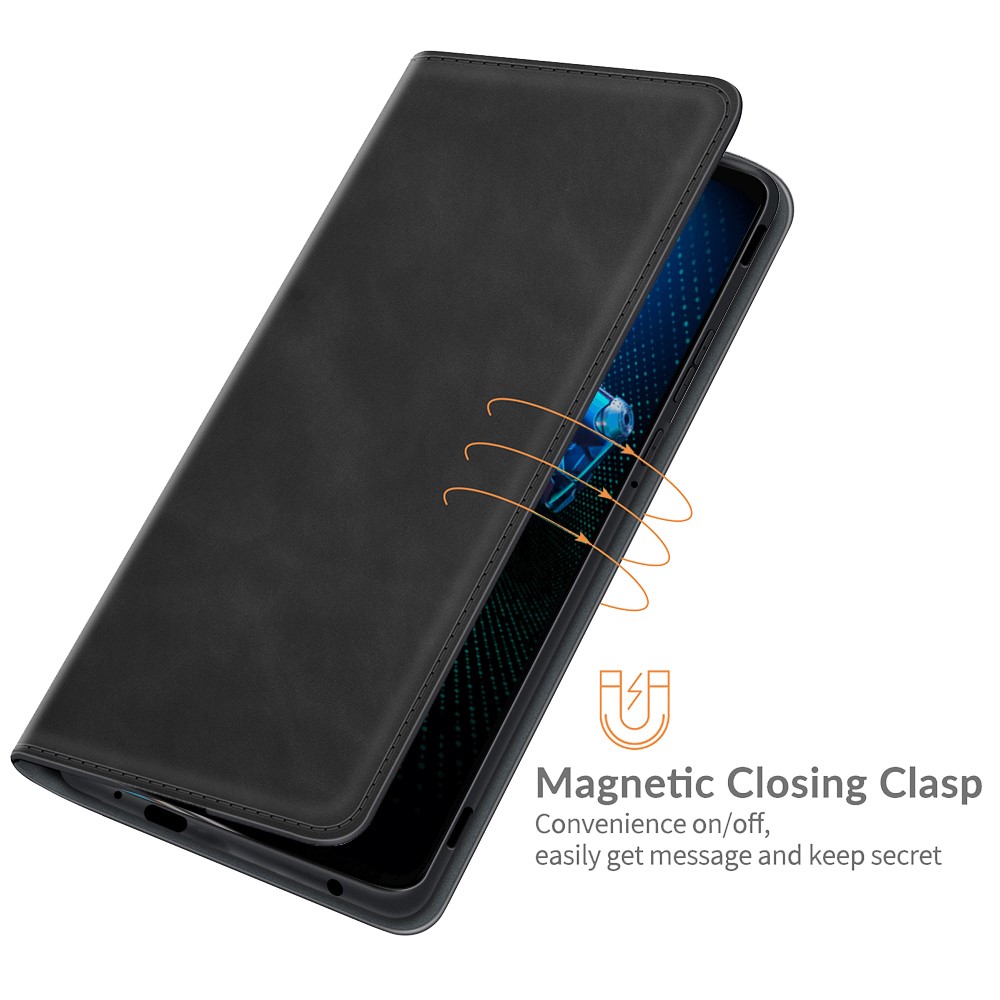 Skin-Touch Auto-absorbed Wallet Cover Leather Stand Shell for Asus ROG Phone 5 - Black-5