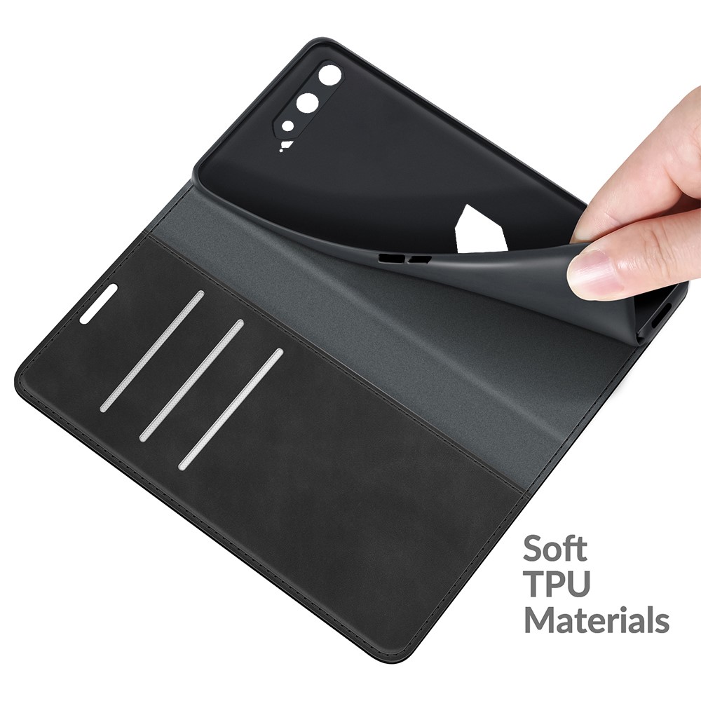 Skin-Touch Auto-absorbed Wallet Cover Leather Stand Shell for Asus ROG Phone 5 - Black-6