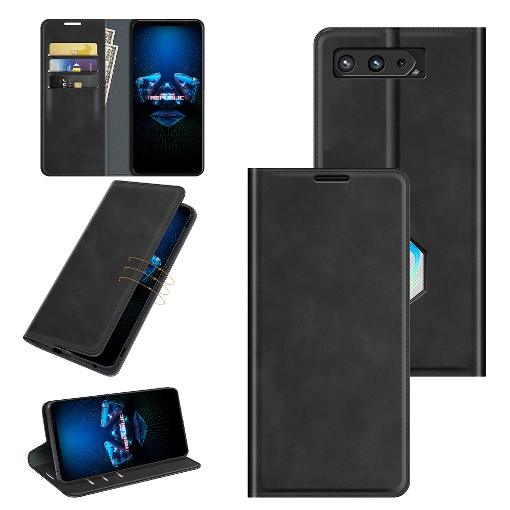 Skin-Touch Auto-absorbed Wallet Cover Leather Stand Shell for Asus ROG Phone 5 - Black-7