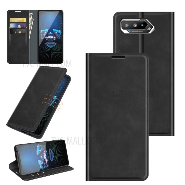 Skin-Touch Auto-absorbed Wallet Cover Leather Stand Shell for Asus ROG Phone 5 - Black-8
