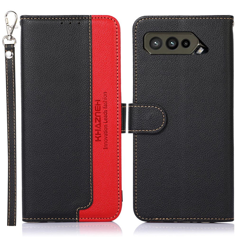 KHAZNEH RFID Blocking Litchi Skin Leather Anti-theft Swiping Design Wallet Phone Shell Case for Asus ROG Phone 5 - Black-1