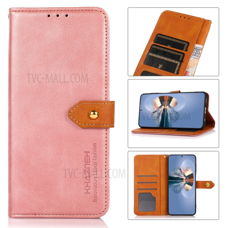 KHAZNEH Dual Color Leather Stand Wallet Phone Case with Golden Magnetic Clasp Design for Asus ROG Phone 5/5 Pro - Rose Gold-9