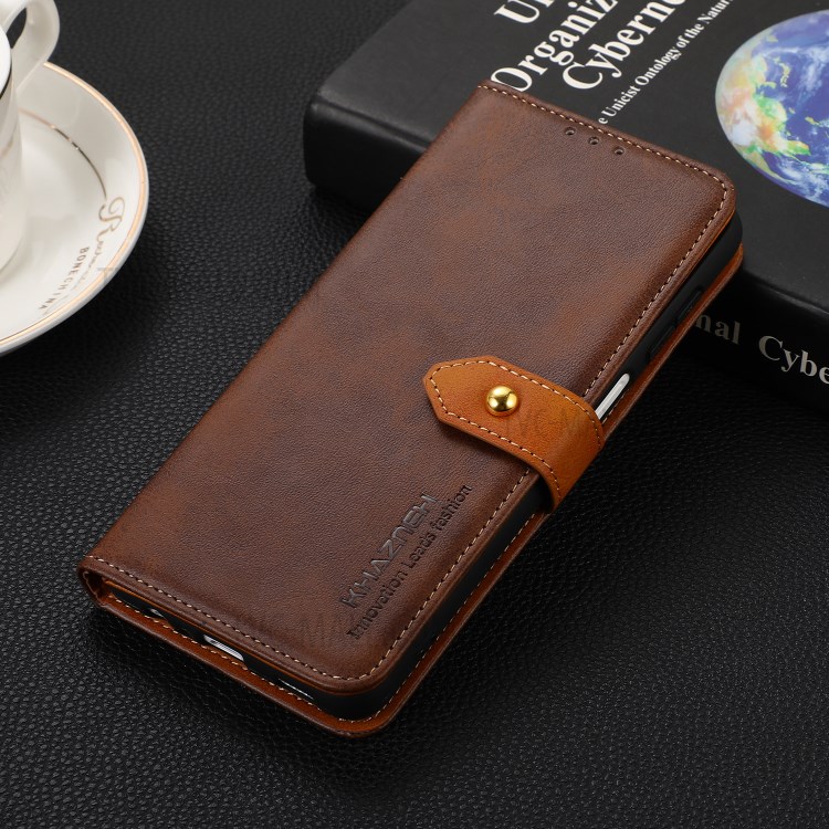 KHAZNEH Dual Color Wallet Leather Phone Stand Case with Golden Magnetic Clasp Design for Asus Zenfone 8 - Brown-8