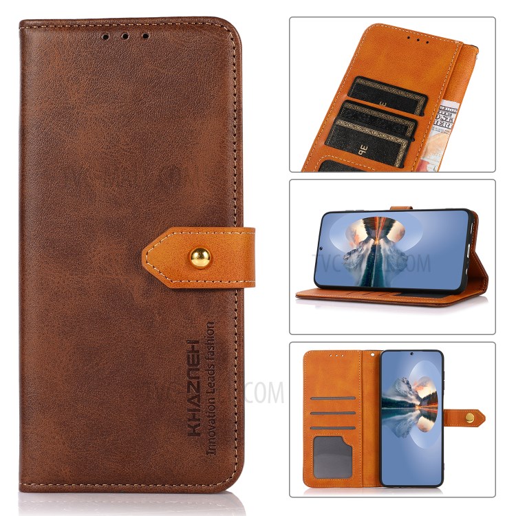 KHAZNEH Dual Color Wallet Leather Phone Stand Case with Golden Magnetic Clasp Design for Asus Zenfone 8 - Brown-9