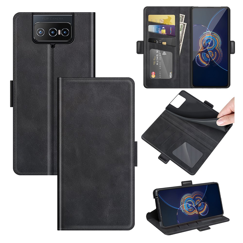 PU Leather Full Protection Wallet Cover Stand Case with Magnetic Double Clasp for Asus Zenfone 8 Flip - Black-8