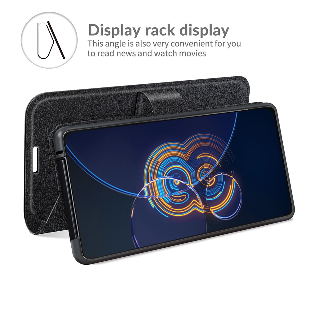 Litchi Texture Leather Phone Case Cover with Wallet and Stand for Asus Zenfone 8 Flip - Black-6