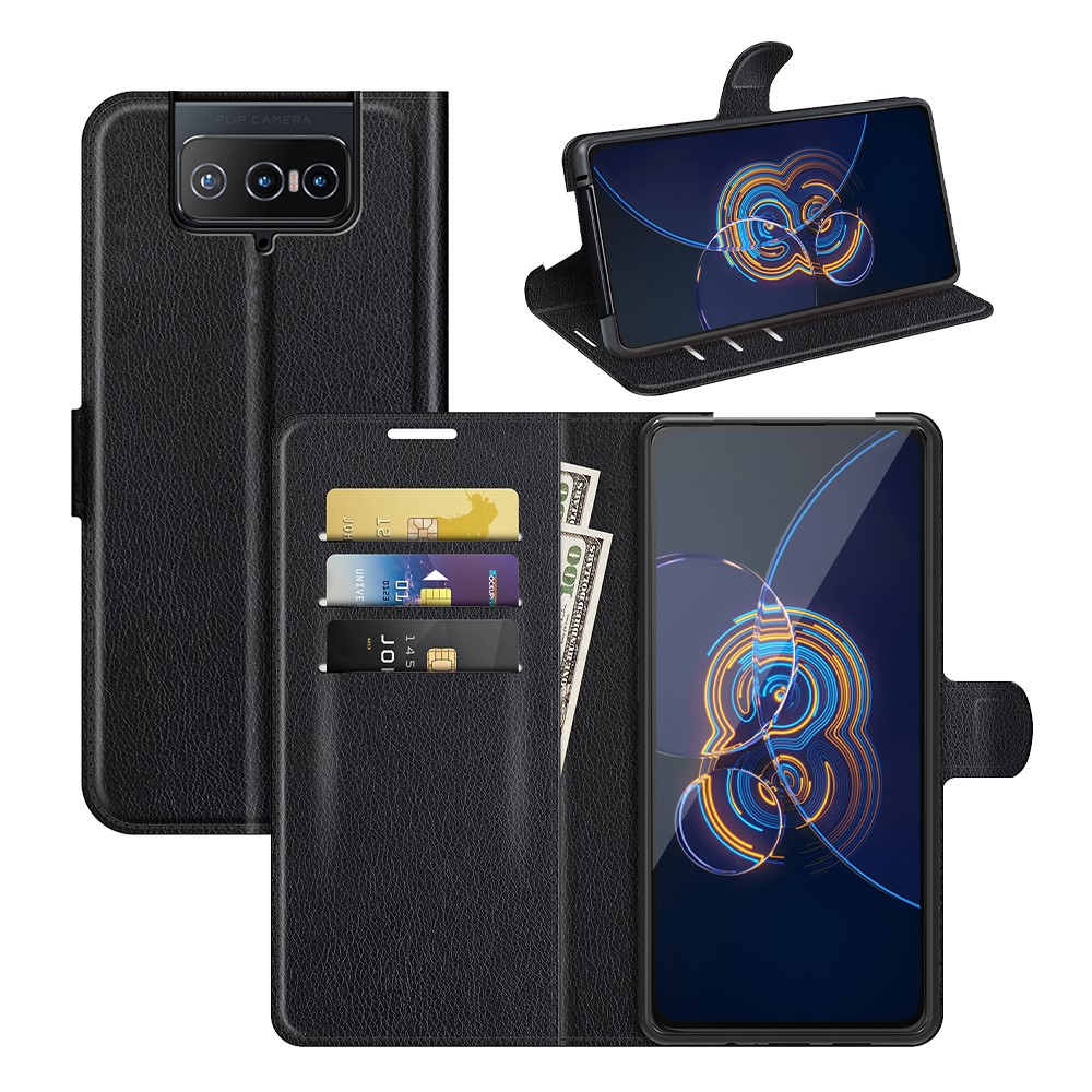 Litchi Textur Leder Telefonhülle Abdeckung Mit Brieftasche Und Stand Für Asus Zenfone 8 Flip - Schwarz-8