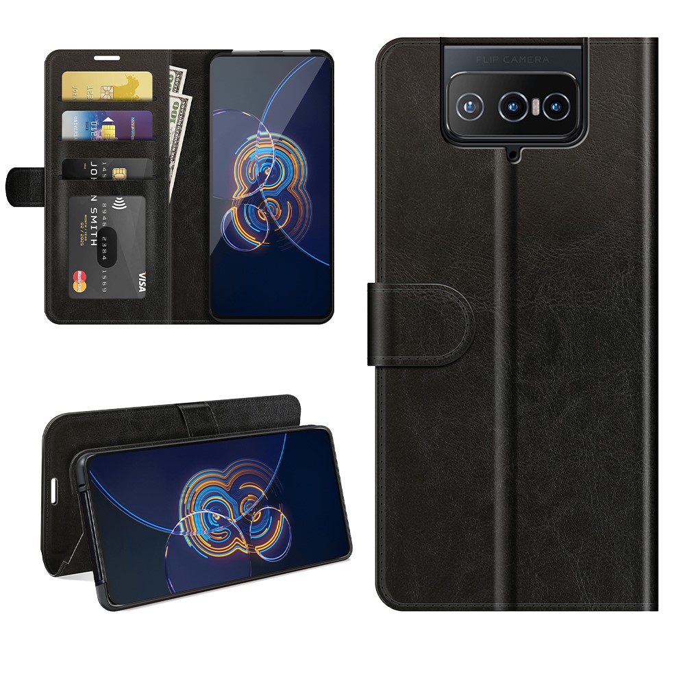 Crazy Horse Texture PU Leather Wallet Cover Stand Case Shell for Asus Zenfone 8 Flip - Black-8
