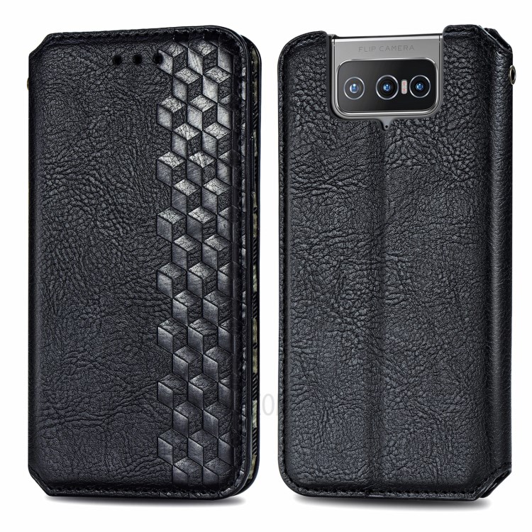 Full Protection Wallet Stand Design Imprinting Rhombus Leather Phone Case Cover for Asus Zenfone 8 Flip - Black-1