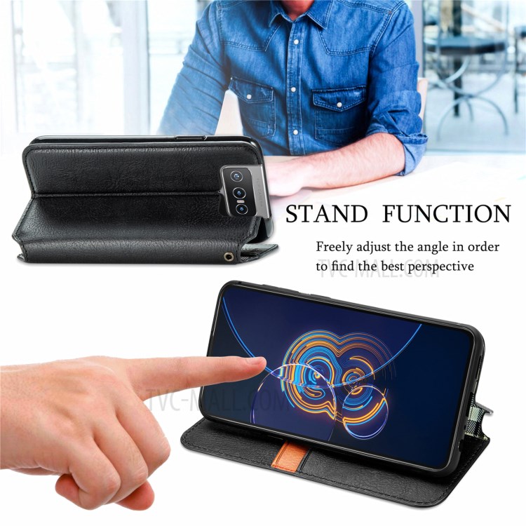 Full Protection Wallet Stand Design Imprinting Rhombus Leather Phone Case Cover for Asus Zenfone 8 Flip - Black-6