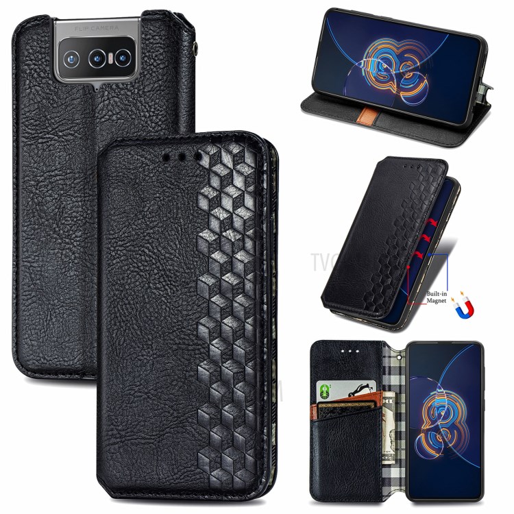 Full Protection Wallet Stand Design Imprinting Rhombus Leather Phone Case Cover for Asus Zenfone 8 Flip - Black-9