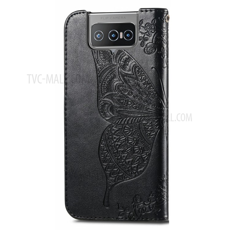 Imprinting Butterfly Flower Leather Protective Phone Cover Wallet Shell for Asus Zenfone 8 Flip - Black-3