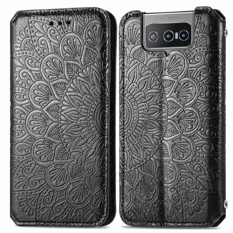 Imprinting Mandala Flower Auto-absorbed Folio Flip Leather Phone Stand Case Cover for Asus Zenfone 8 Flip - Black-1