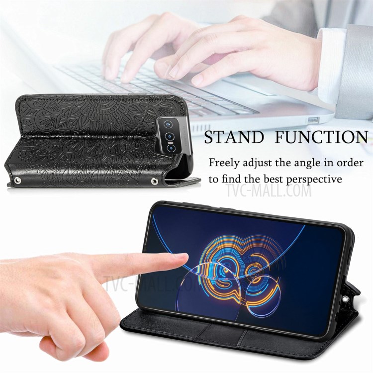 Imprinting Mandala Flower Auto-absorbed Folio Flip Leather Phone Stand Case Cover for Asus Zenfone 8 Flip - Black-6