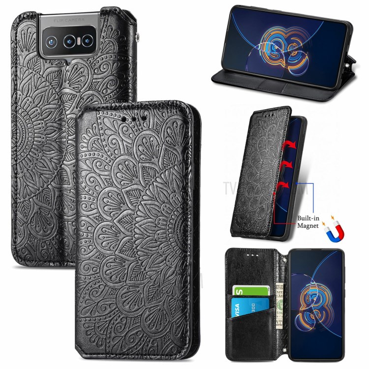 Imprinting Mandala Flower Auto-absorbed Folio Flip Leather Phone Stand Case Cover for Asus Zenfone 8 Flip - Black-8