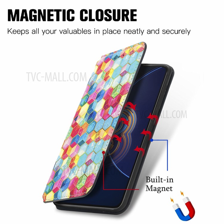 CASENEO 001 Series Foldable Stand Design Pattern Printing Folio Flip RFID Blocking Leather Phone Cover Shell with Wallet for Asus Zenfone 8 Flip - Magic Space-10