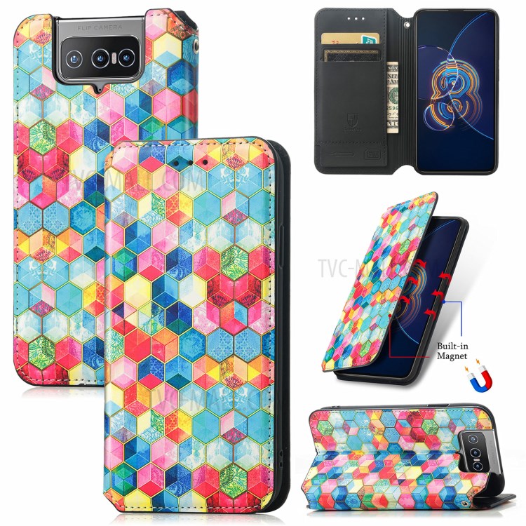 CASENEO 001 Series Foldable Stand Design Pattern Printing Folio Flip RFID Blocking Leather Phone Cover Shell with Wallet for Asus Zenfone 8 Flip - Magic Space-11