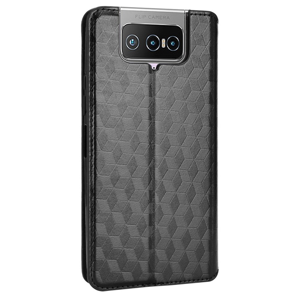 For Asus Zenfone 8 Flip ZS672KS/7 Pro ZS671KS/7 ZS670KS Rhombus Imprinted PU Leather Phone Case Stand Wallet Auto Closing Magnetic Cover - Black-3
