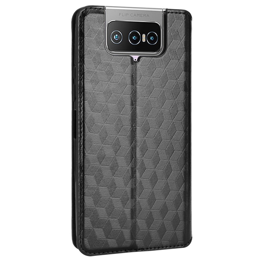 Per Asus Zenfone 8 Flip ZS672KS/7 Pro ZS671KS/7 ZS670KS Rhombus Exprinted pe Leather Teleful Worket Wallet Copertina di Chiusura Magnetica - Nero