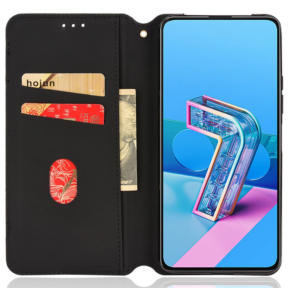 For Asus Zenfone 8 Flip ZS672KS/7 Pro ZS671KS/7 ZS670KS Rhombus Imprinted PU Leather Phone Case Stand Wallet Auto Closing Magnetic Cover - Black-5