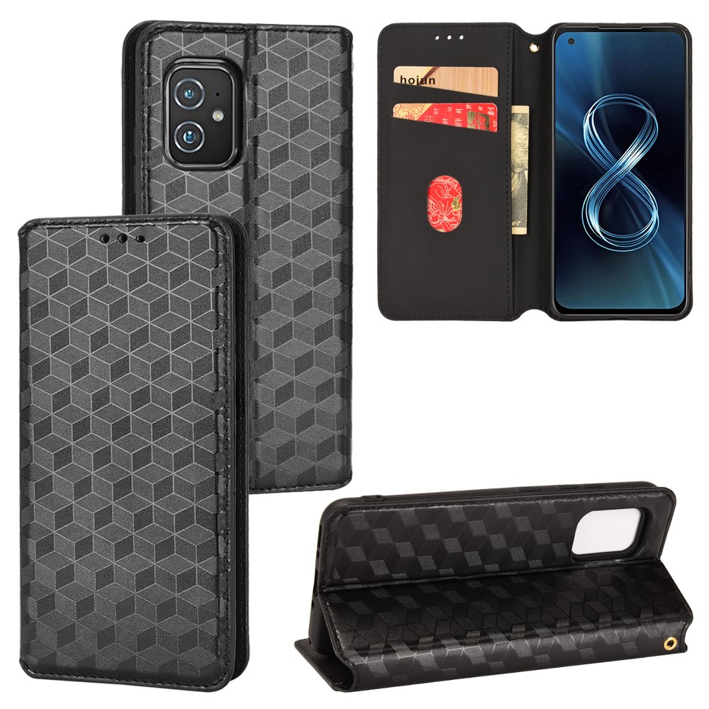 For Asus Zenfone 8 ZS590KS/Zenfone 8Z PU Leather Imprinted Rhombus Phone Case Wallet Stand Auto-absorbed Magnetic Cover - Black-10