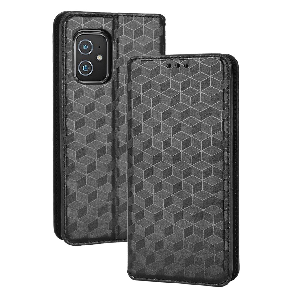 For Asus Zenfone 8 ZS590KS/Zenfone 8Z PU Leather Imprinted Rhombus Phone Case Wallet Stand Auto-absorbed Magnetic Cover - Black-9