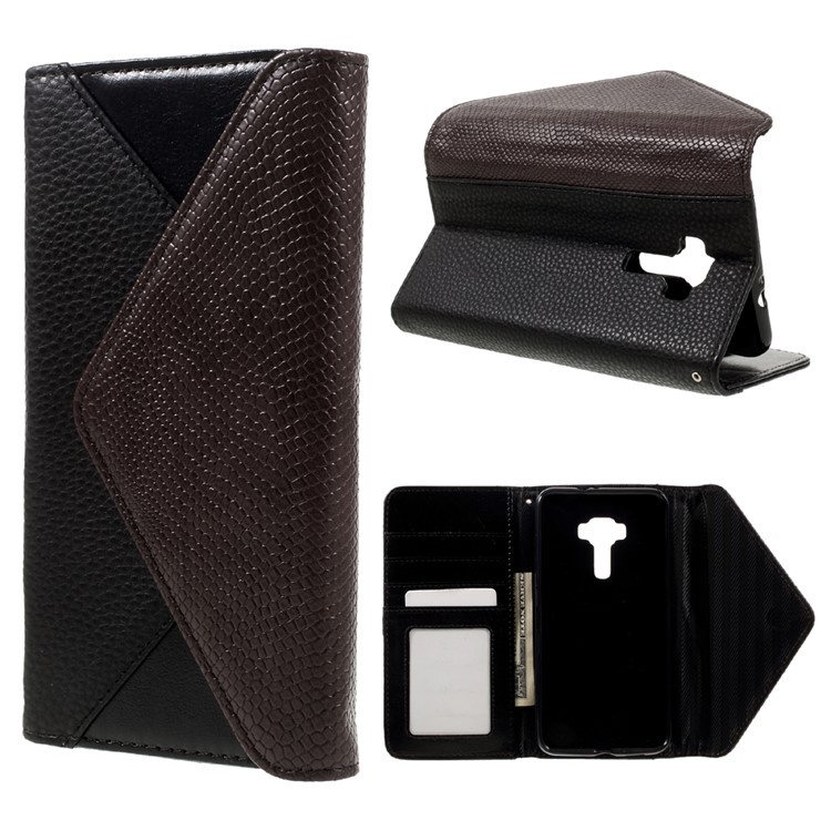 Bi-color Envelope Style Wallet Leather Stand Case with Lanyard for Asus Zenfone 3 ZE552KL - Brown / Black-1