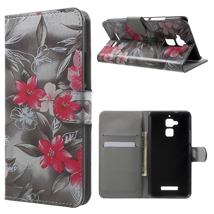 PU Leather Cover Card Holder for Asus Zenfone 3 Max ZC520TL - Red Blooming Flowers-1